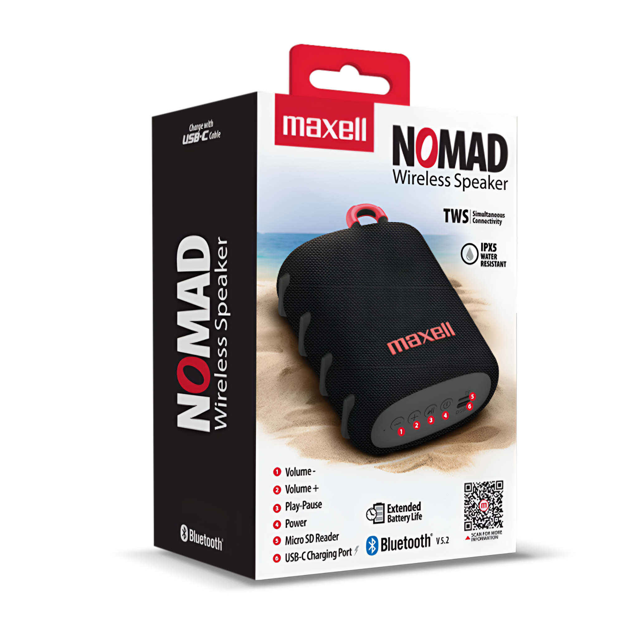PARLANTE BLUETOOTH MAXELL PORTATIL WATER RESISTANT IPX5 NOMAD BLACK 5W - 7