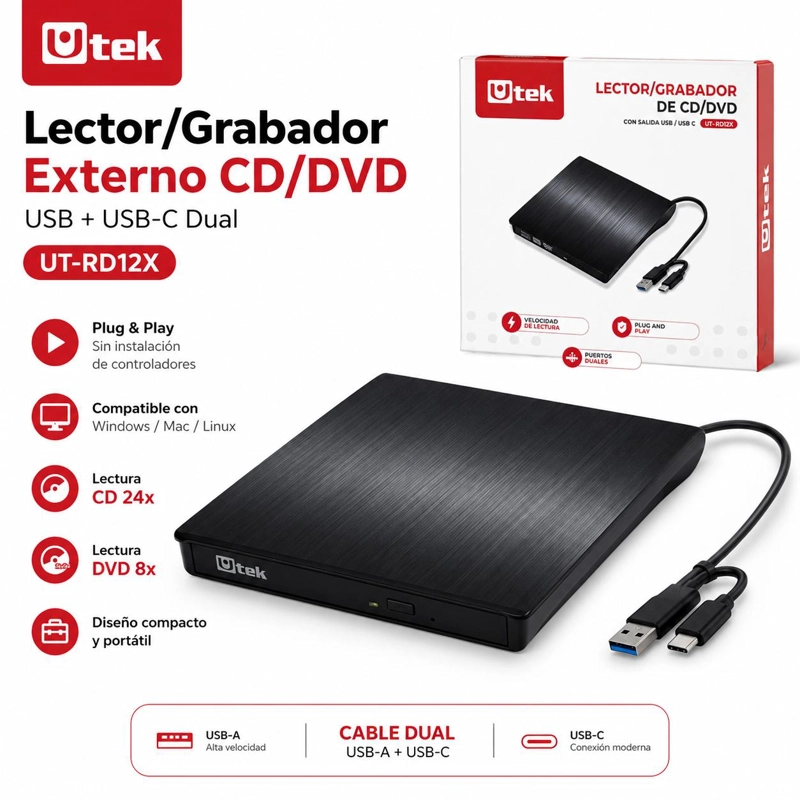 GRABADOR UTEK LECTOR EXTERNO CD/DVD DUAL USB USB-C RD12X - 6