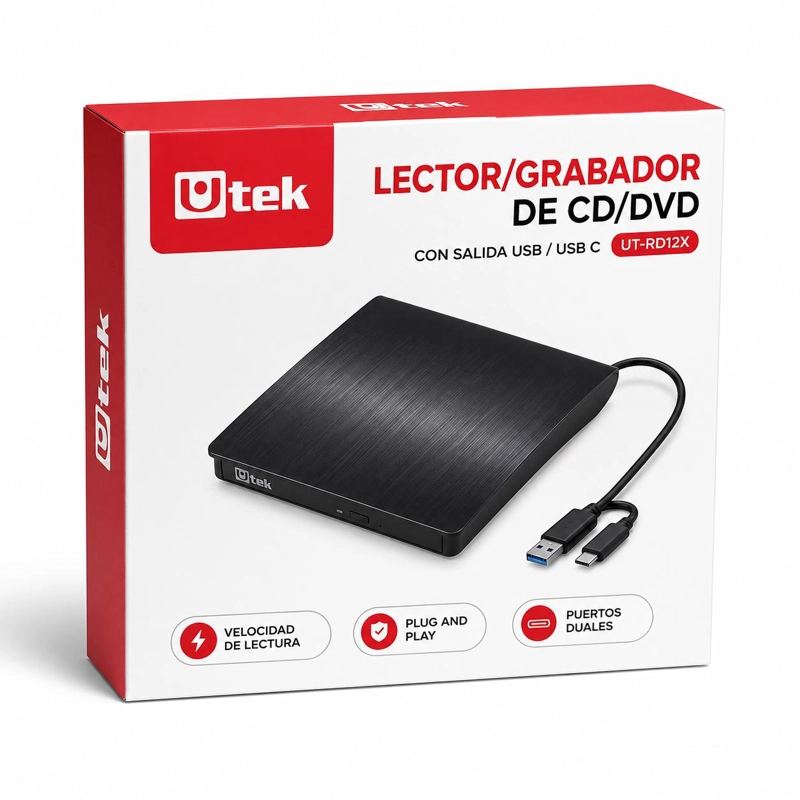 GRABADOR UTEK LECTOR EXTERNO CD/DVD DUAL USB USB-C RD12X - 7