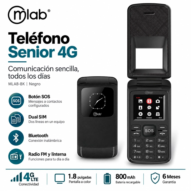 TELÉFONO MICROLAB SENIOR 9312 32 MB 32 MB RAM 1.3 MP 1 " 4G ADULTO MAYOR CON BOTON S.O.S MLAB BK - 5