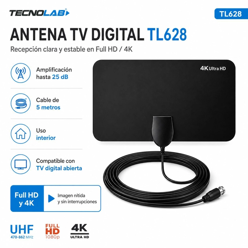 ANTENA TECNOLAB TL628 TV DIGITAL ULTRA HD 4K FHD ALTA GANANCIA - 5