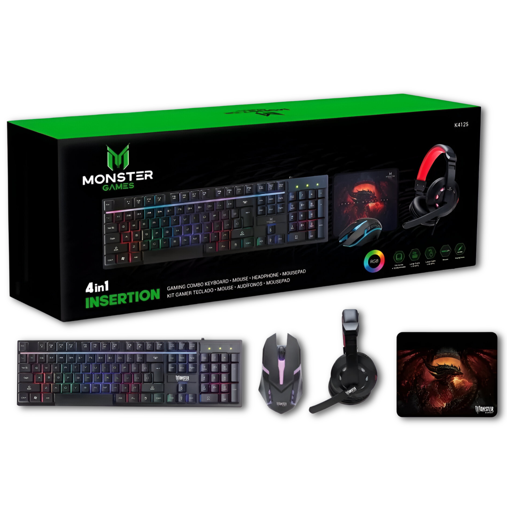KIT PRO GAMER TECLADO RGB + MOUSE + AUDÍFONOS + PAD K4125 - 1