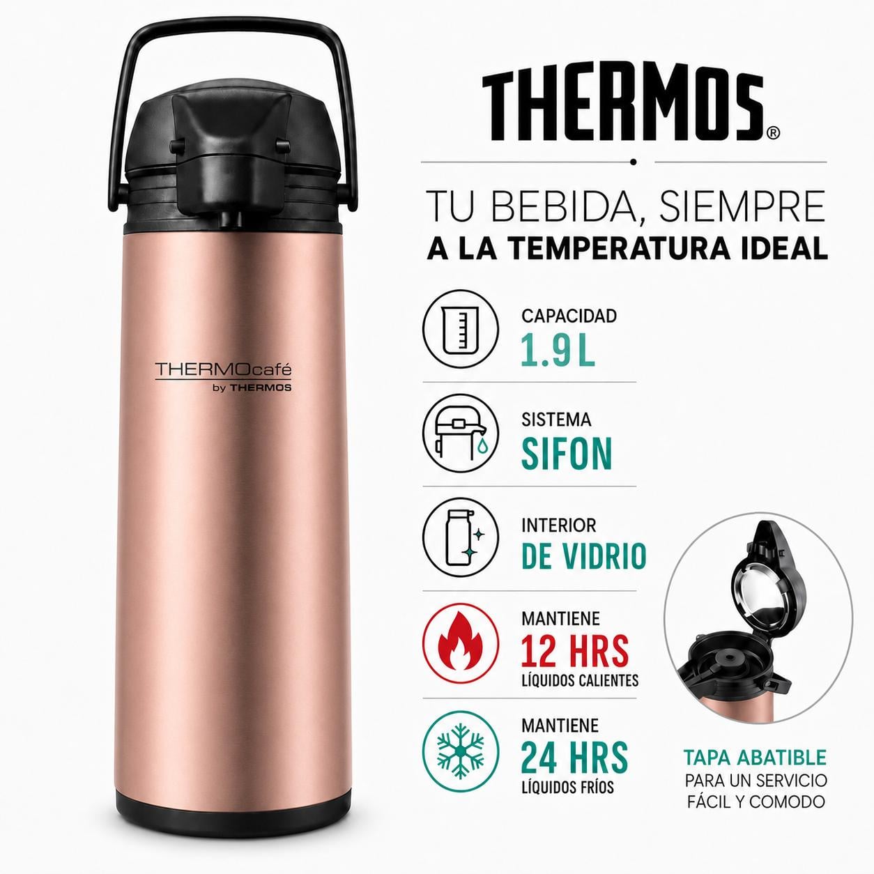 TERMO CON SIFON PARA LIQUIDOS 1.9L THERMOS JADO-19 ROSA GOLD - 7
