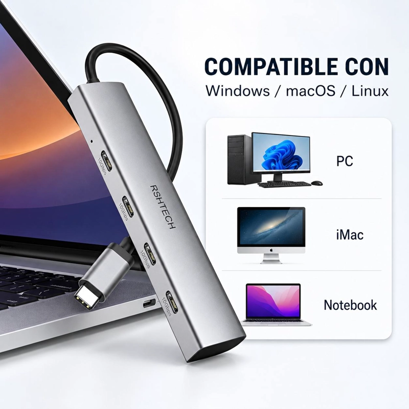 HUB USB-C 3.2 DE ALUMINIO CON 4 PUERTOS USB-C DE 10 GBPS - 5