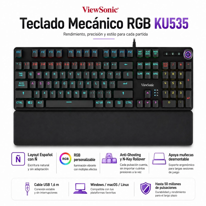 TECLADO MECANICO RGB CON APOYA MUÑECAS GAMER KU535 VIEWSONIC - 5