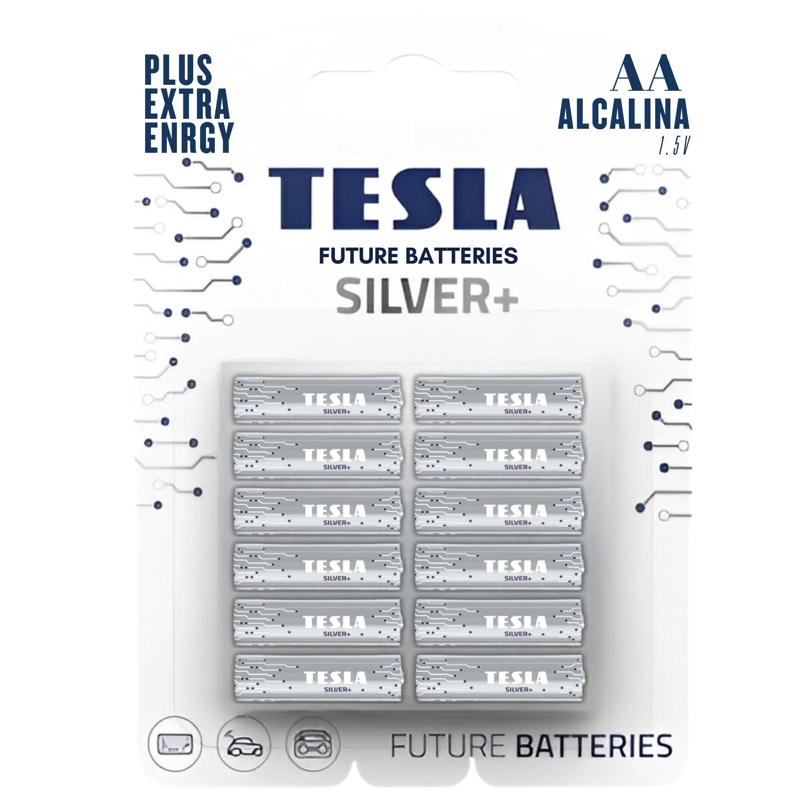 PACK 12 PILAS AA TESLA SILVER+ ALKALINE PLUS EXTRA ENERGY - 5