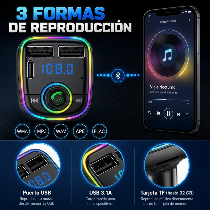 TRANSMISOR FM BLUETOOTH + PUERTO QUICK CHARGE 20W 12/24V RGB - 3