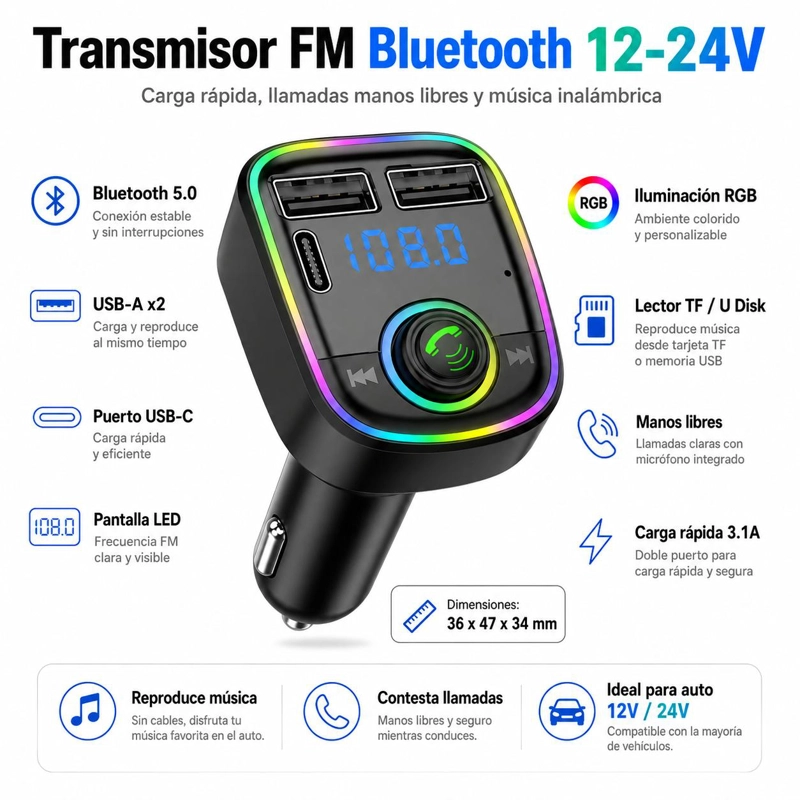 TRANSMISOR FM BLUETOOTH + PUERTO QUICK CHARGE 20W 12/24V RGB - 4