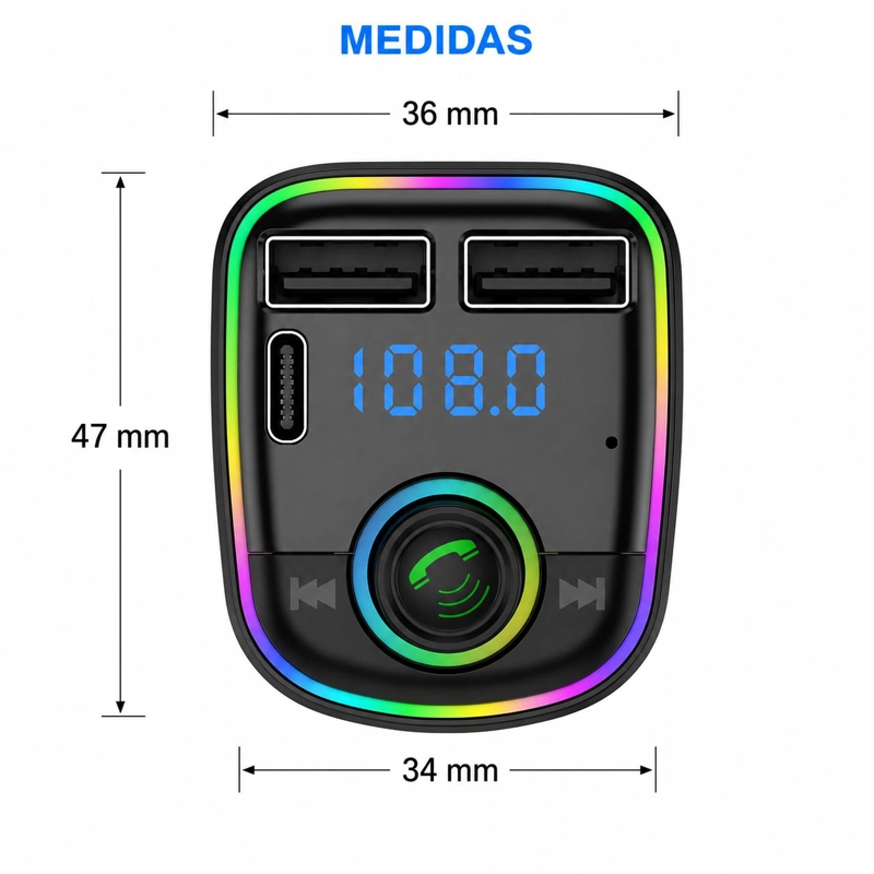 TRANSMISOR FM BLUETOOTH + PUERTO QUICK CHARGE 20W 12/24V RGB - 5
