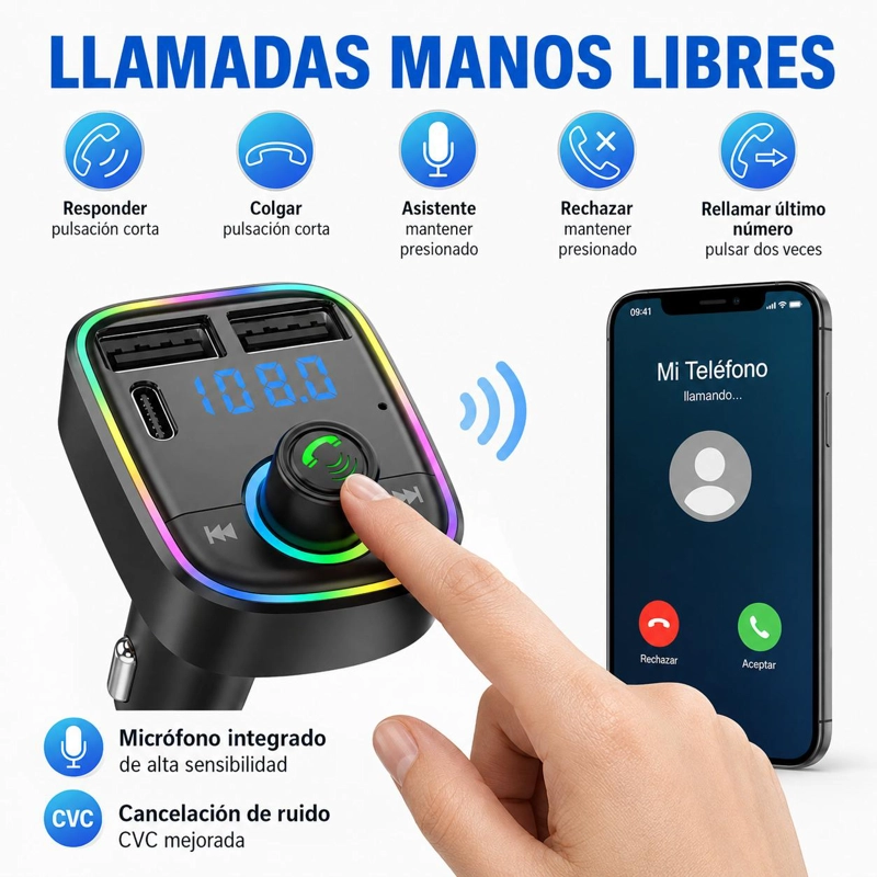 TRANSMISOR FM BLUETOOTH + PUERTO QUICK CHARGE 20W 12/24V RGB - 6