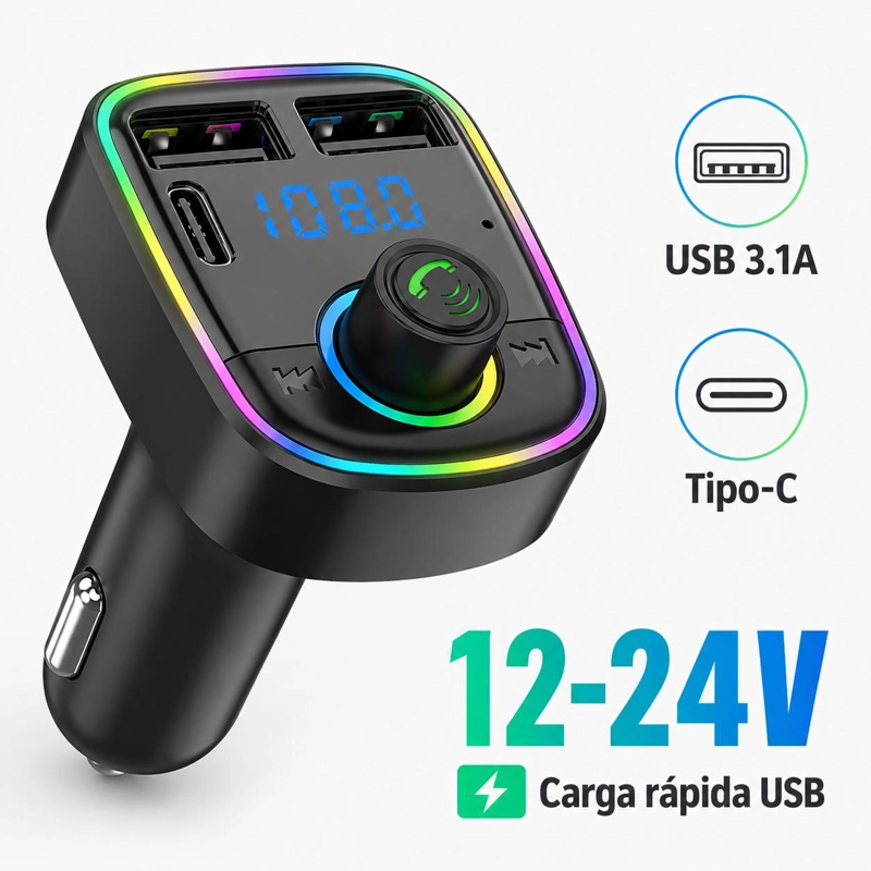 TRANSMISOR FM BLUETOOTH + PUERTO QUICK CHARGE 20W 12/24V RGB - 7