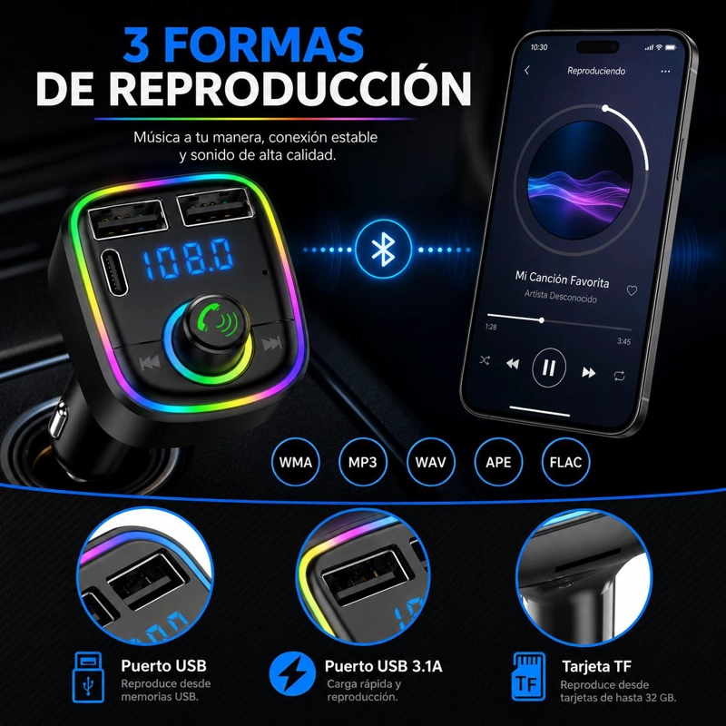 TRANSMISOR FM BLUETOOTH + PUERTO QUICK CHARGE 20W 12/24V RGB - 8