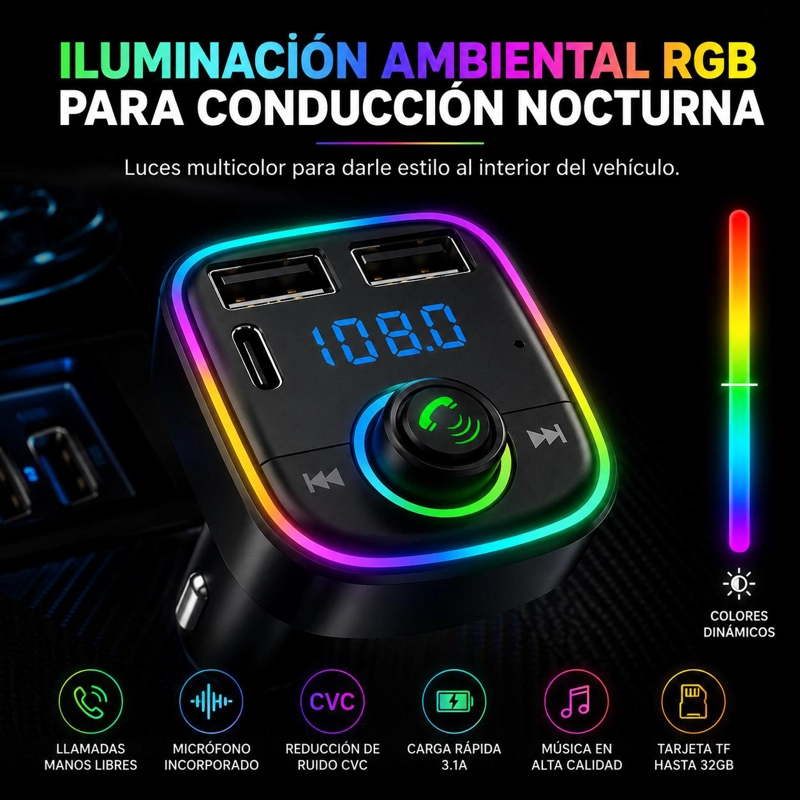 TRANSMISOR FM BLUETOOTH + PUERTO QUICK CHARGE 20W 12/24V RGB - 9