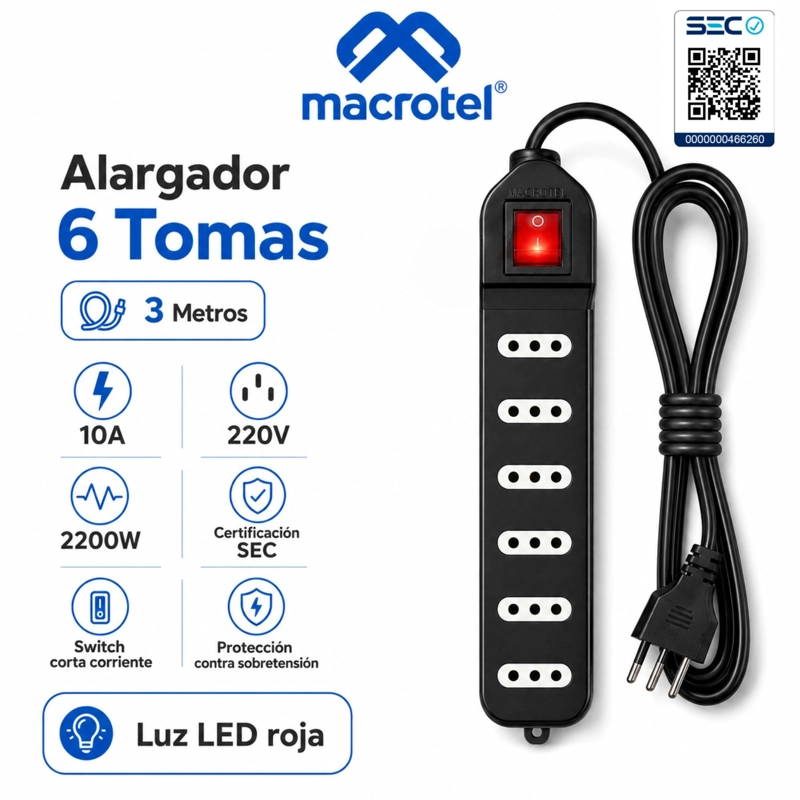ALARGADOR DE 3MT CERTIFICADO 6 POS + SWITCH CORTA CORRIENTE - 5