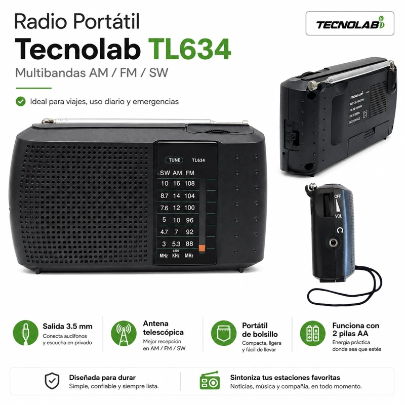 RADIO PORTATIL DE BOLSILLO MULTIBANDAS AM/ FM / SW TL634 - 7