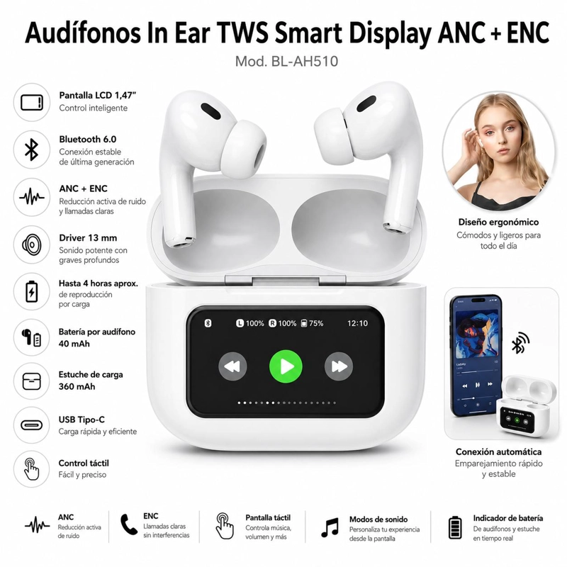 AUDIFONOS IN EAR TWS CON DISPLAY LED SMART ANC TOUCH EDITION - 7