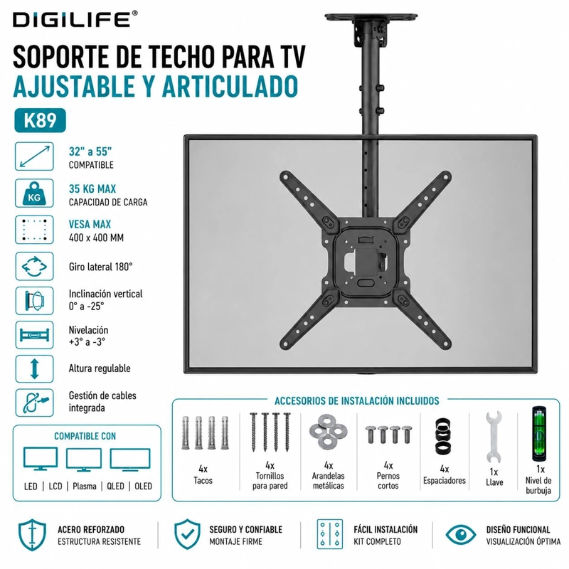SOPORTE DE TV DE 32' A 55' PARA TECHO DE ACERO REFORZADO K89 - 7