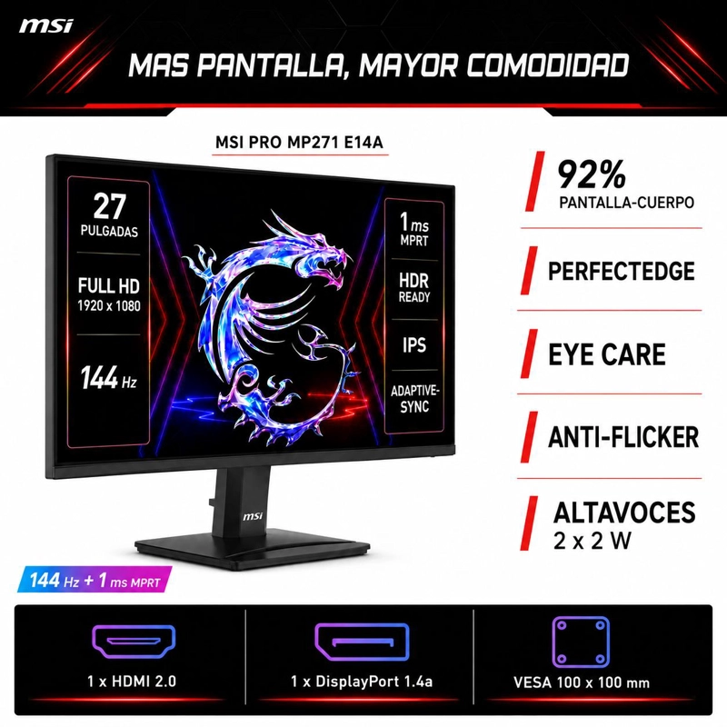 MONITOR GAMER MSI PRO 27' FULL HD 144HZ+ HDR ULTRA LIGHT IPS - 9