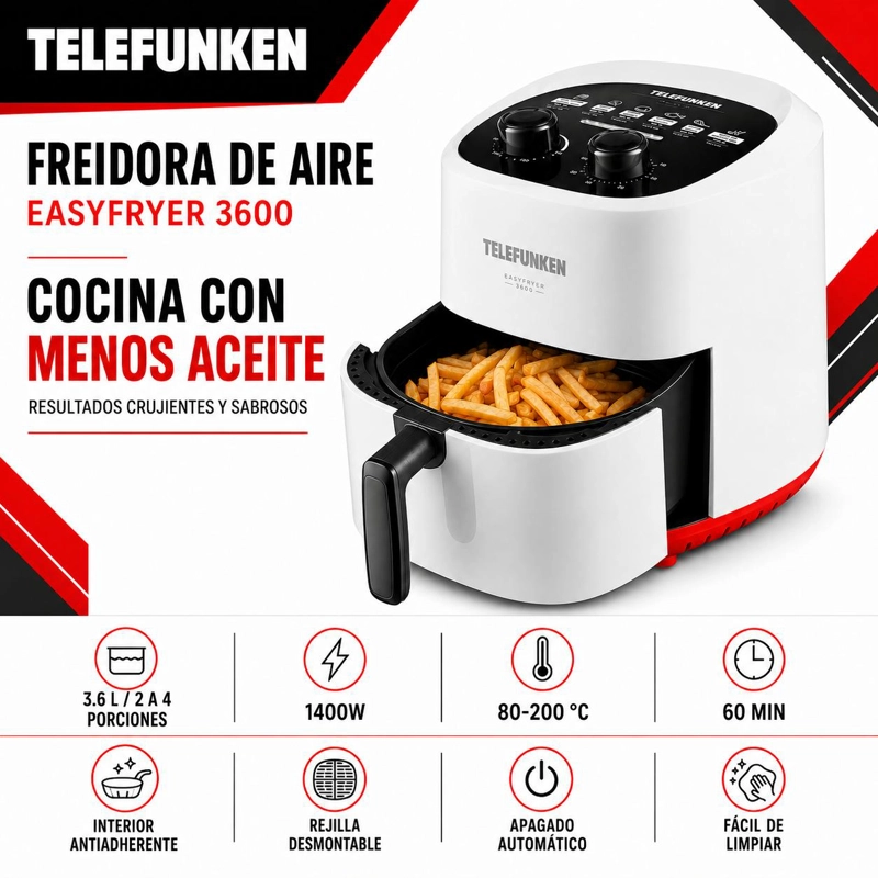 FREIDORA DE AIRE  TELEFUNKEN 1400W EASYFRYER 3.6 LT 200° MAX - 7