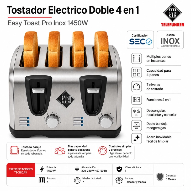 TOSTADOR ELE CTRICO DOBLE  (4EN1) EASY TOAST PRO INOX 1450W - 6