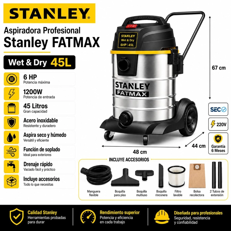 ASPIRADORA PROFESIONAL STANLEY WET & DRY 45L INOX LINE 1200W - 5