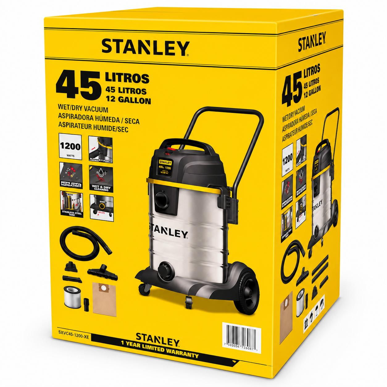 ASPIRADORA PROFESIONAL STANLEY WET & DRY 45L INOX LINE 1200W - 9