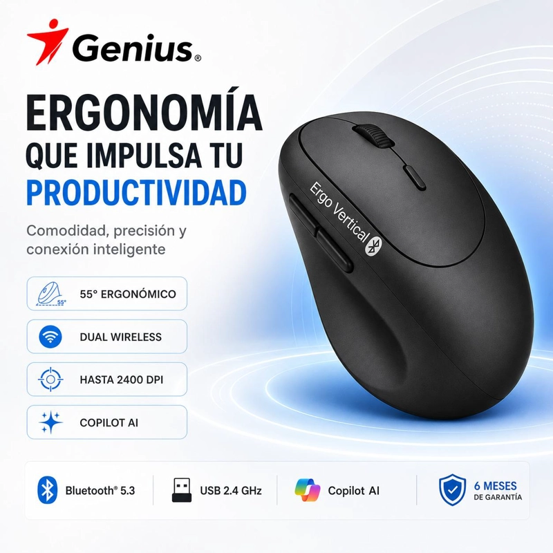 MOUSE VERTICAL  ERGONOMIC DUAL WIRELESS BT+2.4G + COPILOT AI - 8