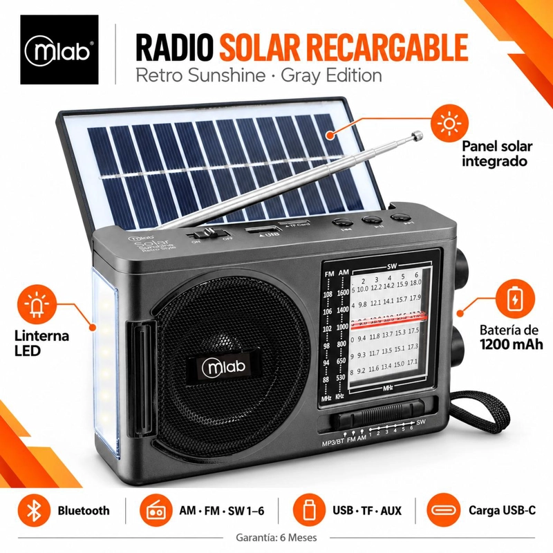 RADIO SOLAR RECARGABLE AM FM/ SW/ TF/ USB/ BT RETRO SUNSHINE - 7