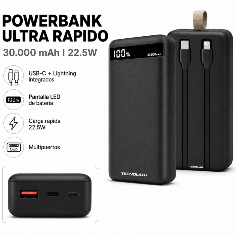POWERBANK ULTRA RAPIDO DE 30.000 MAH MULTIPUERTOS BLACK - 7