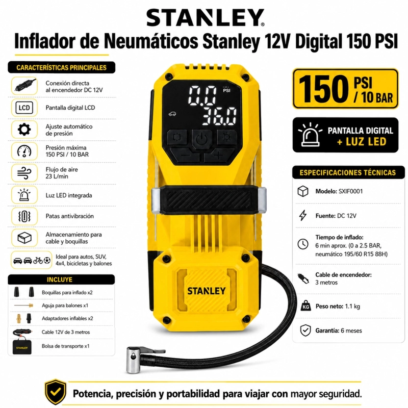 INFLADOR DE NEUMATICOS STANLEY 12V AUTOS-4X4-CAMIONES 145 PSI MAX - 5