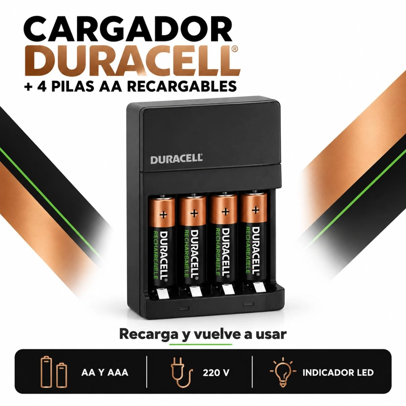CARGADOR DE PILAS DURACELL  + 4 BATERIAS A A RECARGABLES - 7