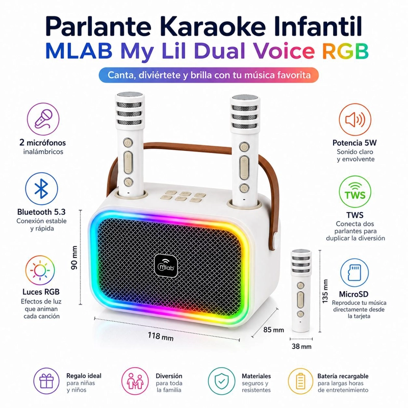 PARLANTE KARAOKE DE NIÑOS + 2 MICROFONOS INALAMBRICOS BLANCO MY LIL DUAL VOICE RGB - 6