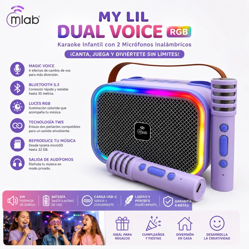 KARAOKE INFANTIL RGB CON 2 MICROFONOS INALAMBRICOS LILA MY LIL DUAL VOICE - 7