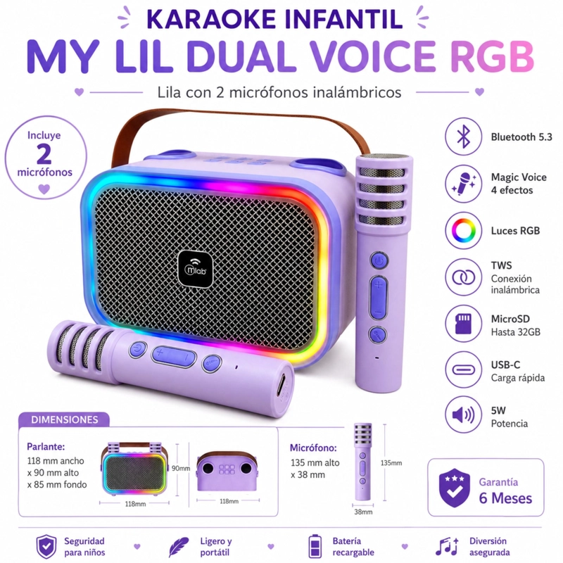 KARAOKE INFANTIL RGB CON 2 MICROFONOS INALAMBRICOS LILA MY LIL DUAL VOICE - 9
