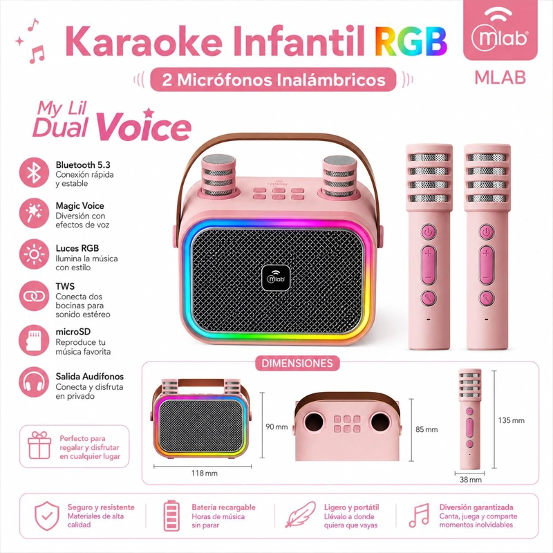 KARAOKE INFANTIL RGB CON 2 MICROFONOS INALAMBRICOS PINK MY LIL DUAL VOICE - 5