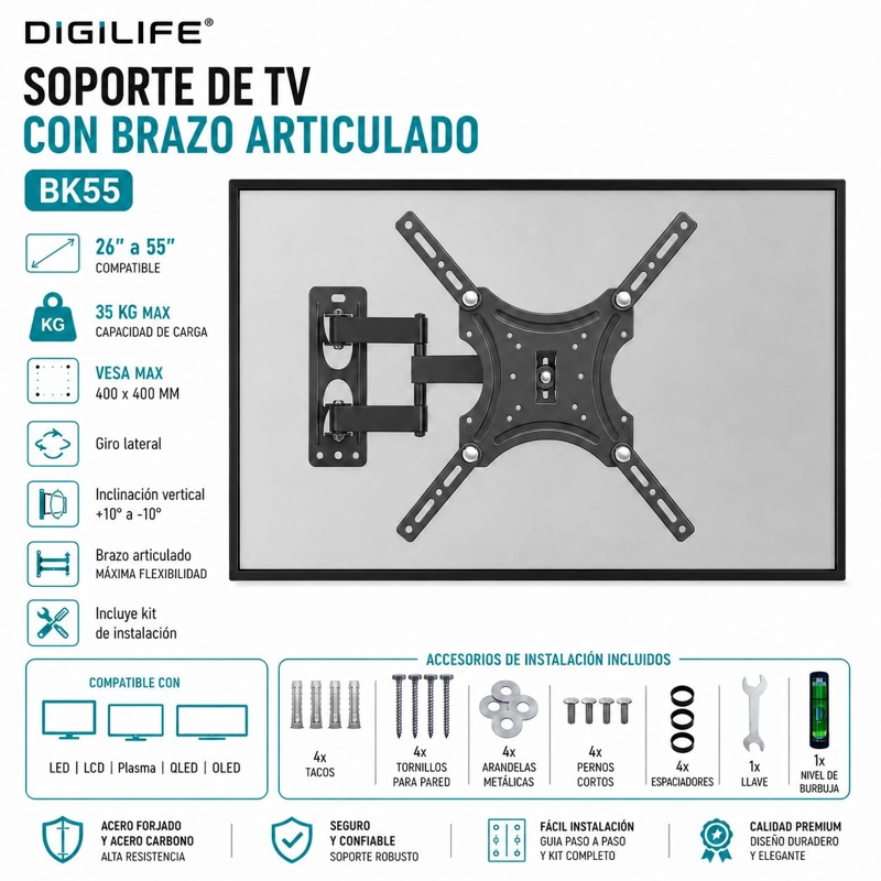 SOPORTE DE TV CON BRAZO ARTICULADO 26 A 55 / 35KG MAX / BK55 - 7