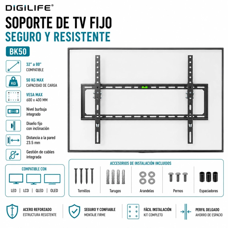 SOPORTE DE TV FIJO DE 32' A 80' 50 KG MAX ACERO FORJADO BK50 - 7