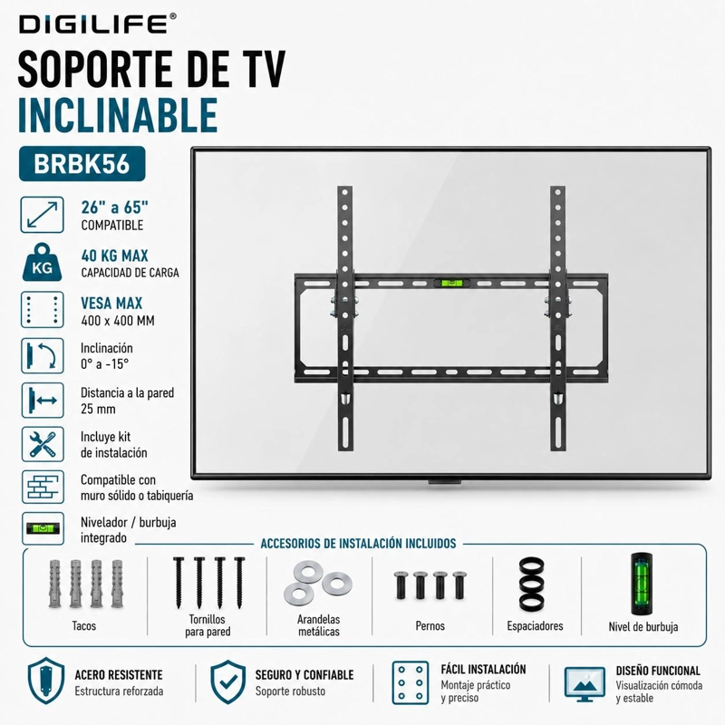 SOPORTE DE TV FIJO DE 26' A 65' 50KG MAX ACERO FORJADO BK56 - 7