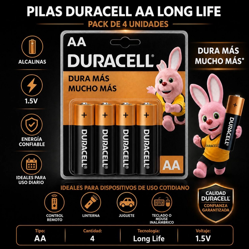 PACK DE 4 PILAS DURACELL AA BLISTER LONG LIFE - 4