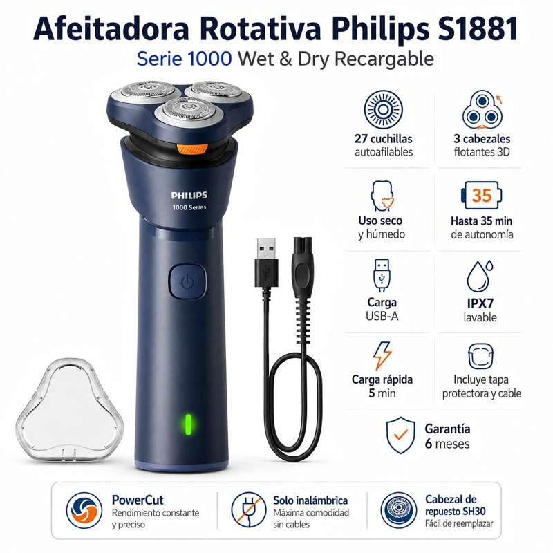 AFEITADORA AUTOAFILABLE PHILIPS WET&DRY RECARGABLE USB S1881 - 6