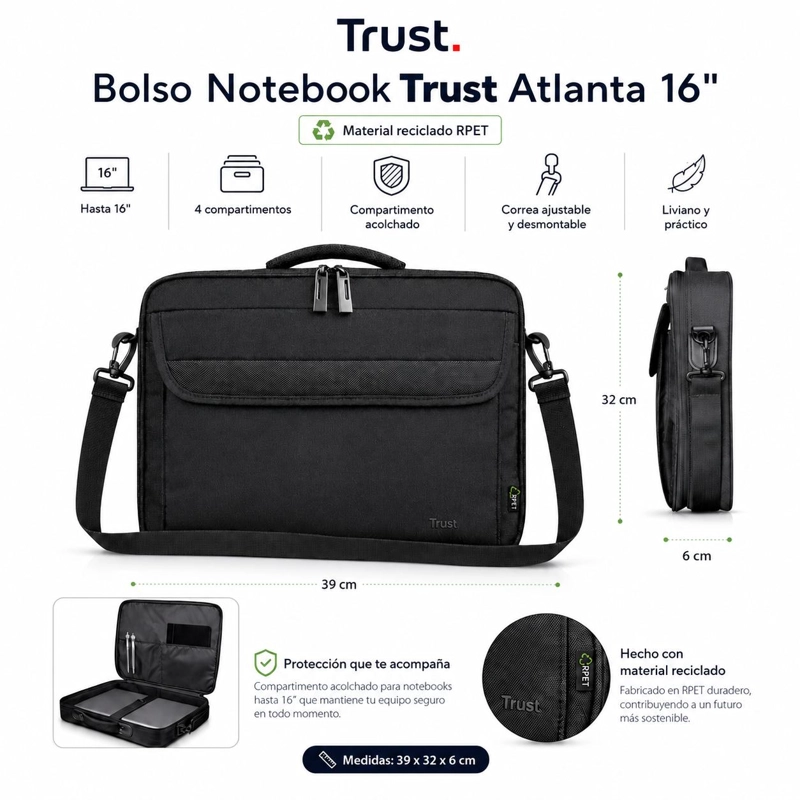 BOLSO NOTEBOOK TRUST ATLANTA 16'CON CORREA REINFORCED BLACK - 7