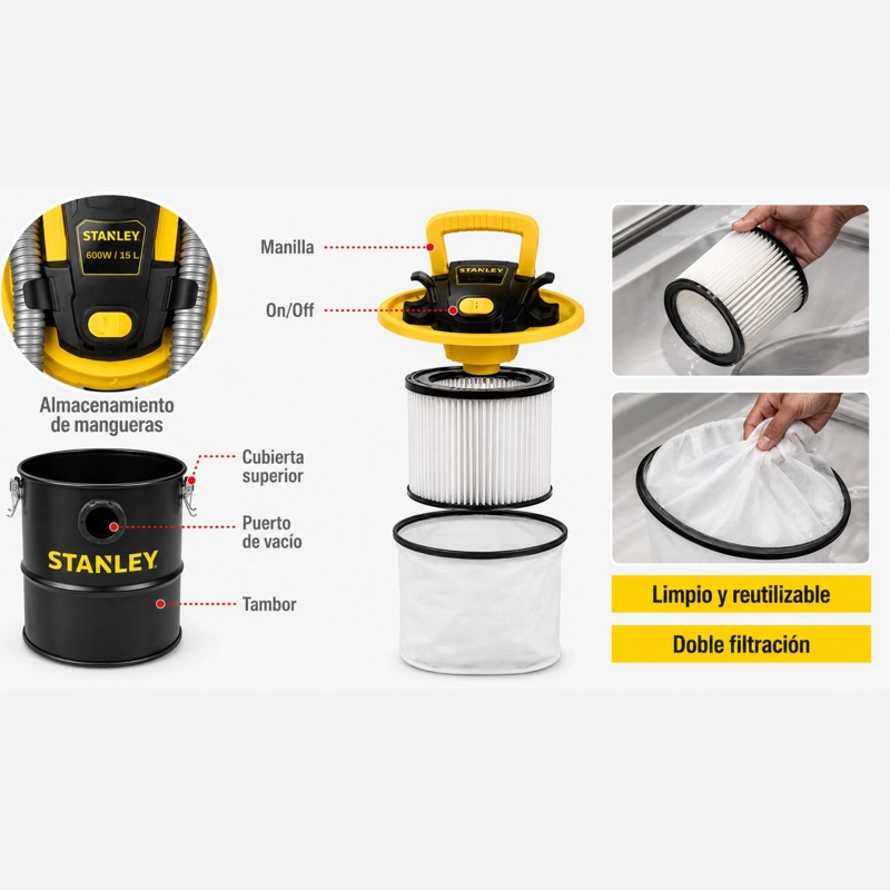 ASPIRADORA DE CENIZAS Y PARTICULAS FINAS STANLEY 15 LITROS - 6
