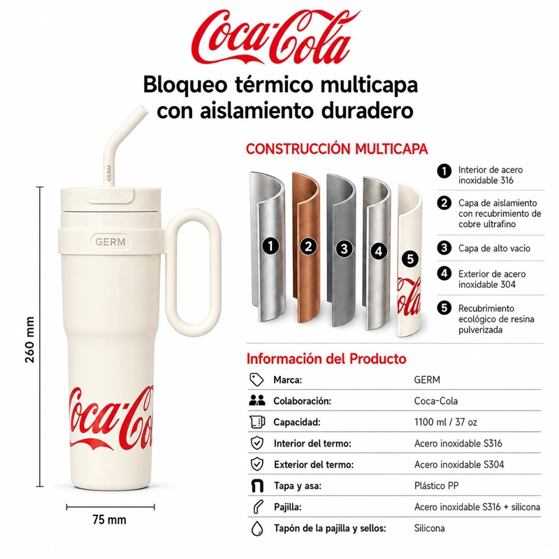 VASO TE RMICO GERM COCA-COLA 1100ML WHITE ACERO INOXIDABLE - 6