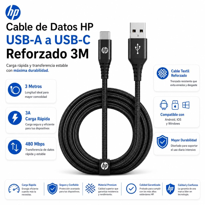 CABLE DE DATOS HP USB-C A USB 3.0 REFORZADO 3M  / 3A - 7