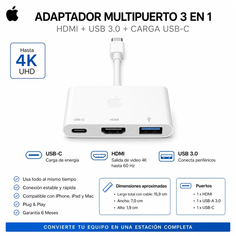 ADAPTADOR APPLE USB-C A HDMI 4K MULTIPUERTO AV DIGITAL - 7