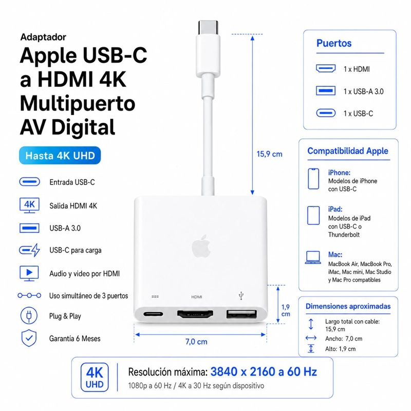 ADAPTADOR APPLE USB-C A HDMI 4K MULTIPUERTO AV DIGITAL - 8