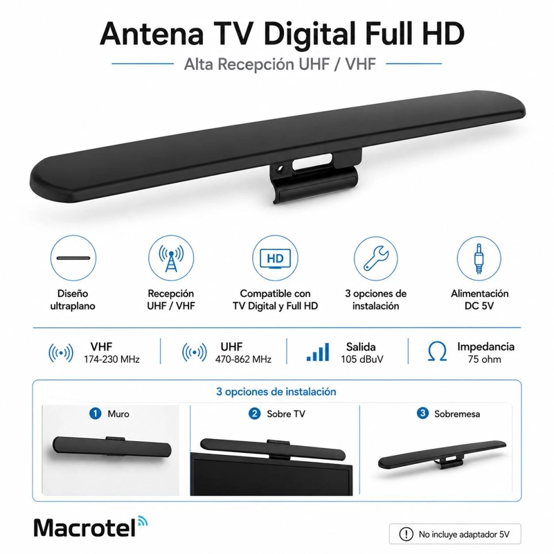 ANTENA TV DIGITAL FLAT FULL HD DE ALTA RECEPCION  UHF /VHF - 5