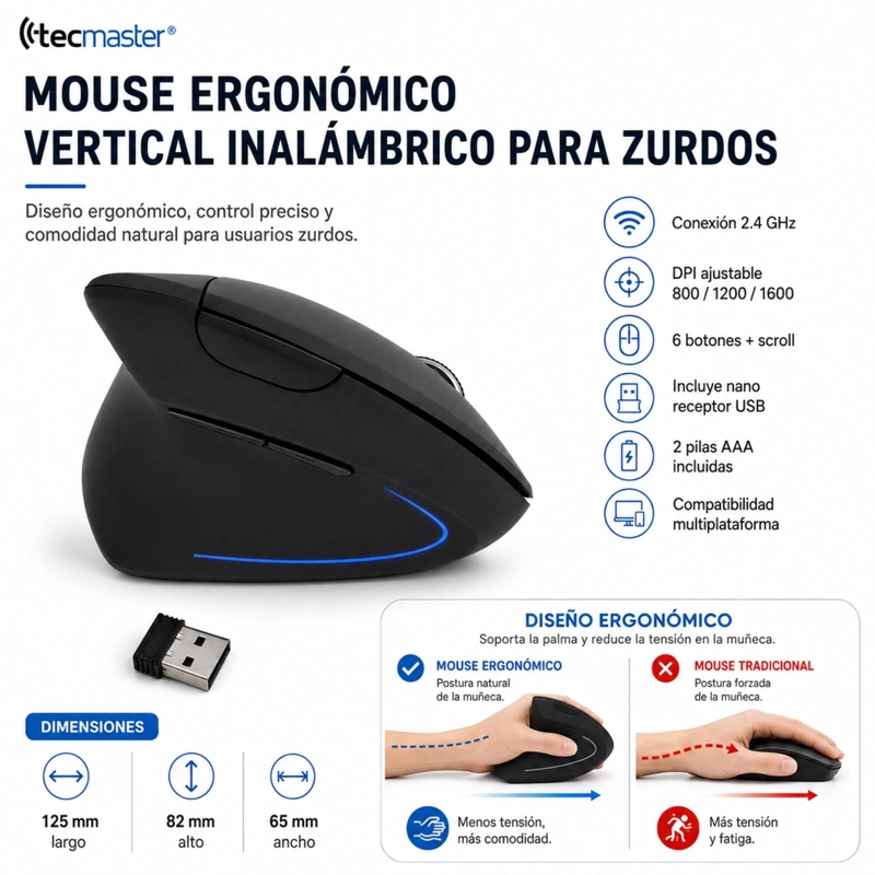 MOUSE ERGONOMICO VERTICAL INALAMBRICO PARA ZURDOS ILUMINADO - 8