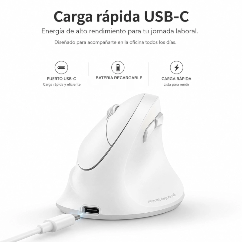 MOUSE VERTICAL ERGONOMICO DUAL WIRELESS RECARGABLE BLANCO - 7