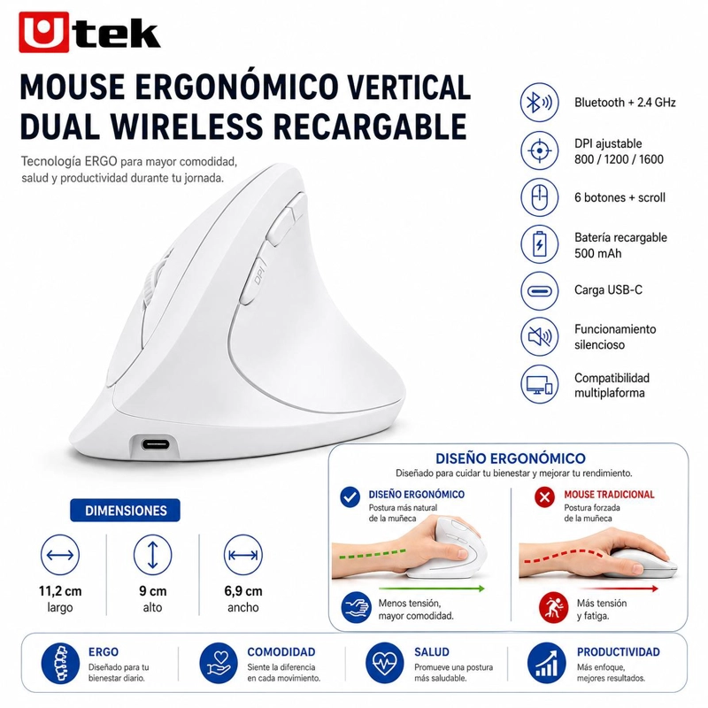 MOUSE VERTICAL ERGONOMICO DUAL WIRELESS RECARGABLE BLANCO - 8